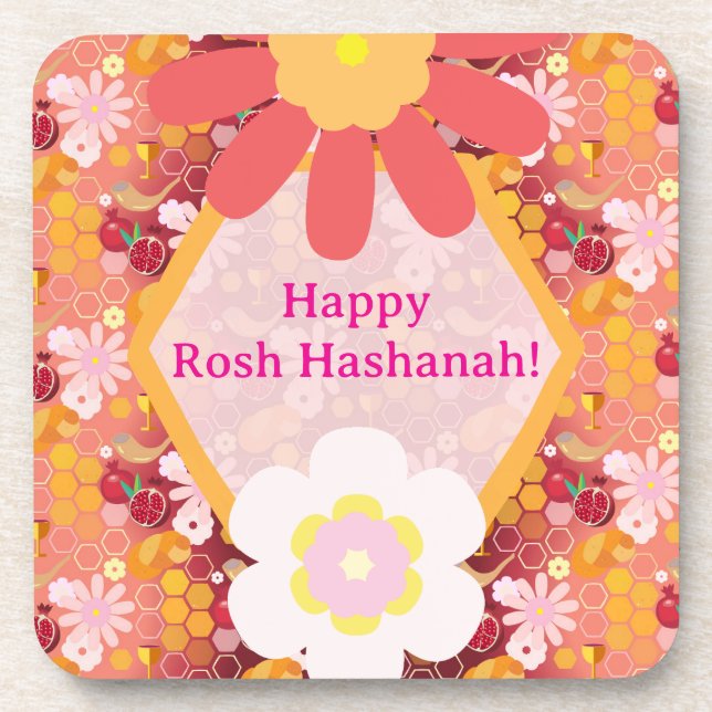 Happy Rosh Hashanah Jewish New Year Floral Pattern Beverage Coaster (Front)