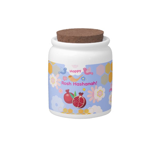 Happy Rosh Hashanah Jewish New Year Floral Pattern Candy Jar (Front)