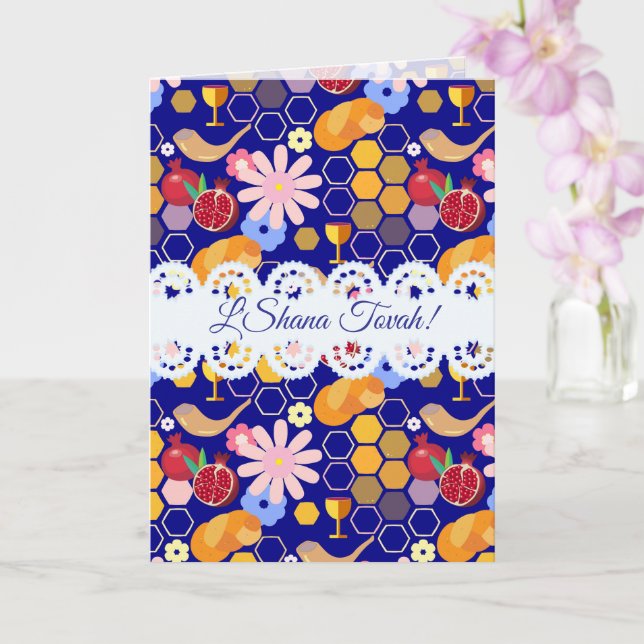 Happy Rosh Hashanah Jewish New Year Floral Pattern Card (Orchid)