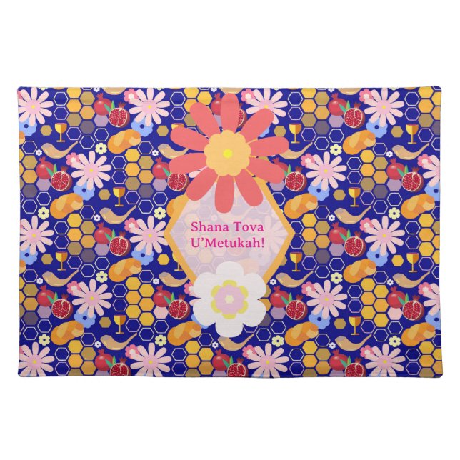 Happy Rosh Hashanah Jewish New Year Floral Pattern Cloth Placemat (Front)