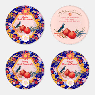 Happy Rosh Hashanah Jewish New Year Floral Pattern Coaster Set