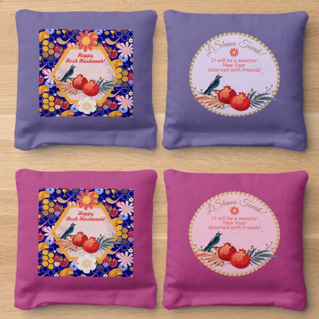 Happy Rosh Hashanah Jewish New Year Floral Pattern Cornhole Bags (Wood)