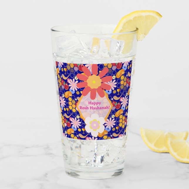 Happy Rosh Hashanah Jewish New Year Floral Pattern Glass (Back Ice)