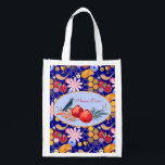 Happy Rosh Hashanah Jewish New Year Floral Pattern Grocery Bag<br><div class="desc">"Happy Rosh Hashanah" Lettering "L'Shana Tova" Jewish New Year Holiday Wishes "Shana Tova U’Metukah! May your year be sweet and good." symbols card. Torah, Honey and apple, shofar, pomegranate, star of David, Flowers, Rosh Hashana traditional fruits autumn season, Shanah Tovah festival Party decoration, sukkot event. Judaica Religion. Vintage. Happy Rosh...</div>