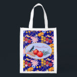 Happy Rosh Hashanah Jewish New Year Floral Pattern Grocery Bag<br><div class="desc">"Happy Rosh Hashanah" Lettering "L'Shana Tova" Jewish New Year Holiday Wishes "Shana Tova U’Metukah! May your year be sweet and good." symbols card. Torah, Honey and apple, shofar, pomegranate, star of David, Flowers, Rosh Hashana traditional fruits autumn season, Shanah Tovah festival Party decoration, sukkot event. Judaica Religion. Vintage. Happy Rosh...</div>