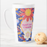 Happy Rosh Hashanah Jewish New Year Floral Pattern Latte Mug<br><div class="desc">"Happy Rosh Hashanah" Lettering "L'Shana Tova" Jewish New Year Holiday Wishes "Shanah Tovah U’Metukah! May your year be sweet and good." symbols card. Torah, Honey and apple, shofar, pomegranate, star of David, Flowers, Rosh Hashana traditional fruits autumn season, Shanah Tovah festival Party decoration, sukkot event. Judaica Religion. Vintage. Home &...</div>
