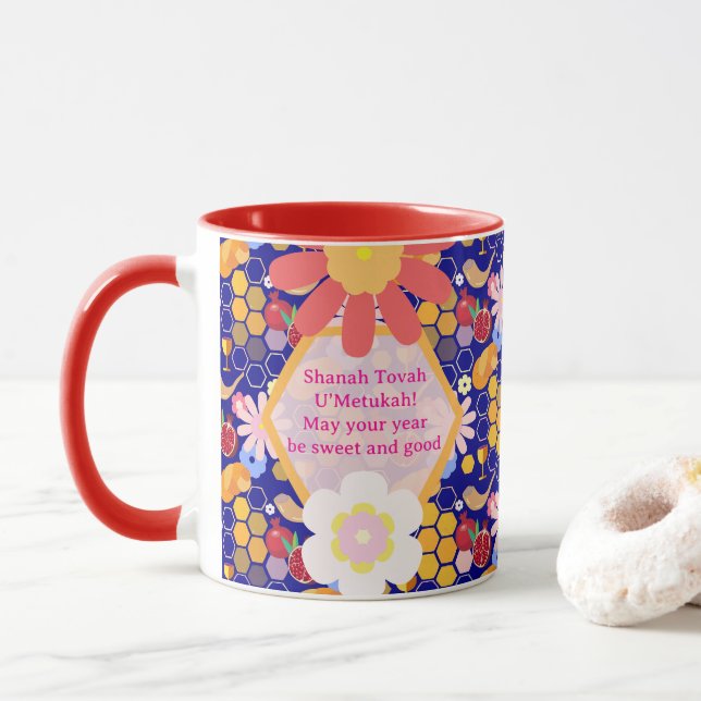 Happy Rosh Hashanah Jewish New Year Floral Pattern Mug (With Donut)