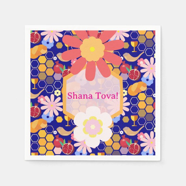 Happy Rosh Hashanah Jewish New Year Floral Pattern Napkins (Front)