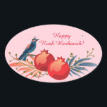 Happy Rosh Hashanah Jewish New Year Floral Pattern Oval Sticker<br><div class="desc">"Happy Rosh Hashanah" Lettering "L'Shana Tova" Jewish New Year Holiday Wishes "Shanah Tovah U’Metukah! May your year be sweet and good." symbols card. Torah, Honey and apple, shofar, pomegranate, star of David, Flowers, Rosh Hashana traditional fruits autumn season, Shanah Tovah festival Party decoration, sukkot event. Judaica Religion. Vintage. Happy Rosh...</div>