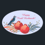 Happy Rosh Hashanah Jewish New Year Floral Pattern Oval Sticker<br><div class="desc">"Happy Rosh Hashanah" Lettering "L'Shana Tova" Jewish New Year Holiday Wishes "Shanah Tovah U’Metukah! May your year be sweet and good." symbols card. Torah, Honey and apple, shofar, pomegranate, star of David, Flowers, Rosh Hashana traditional fruits autumn season, Shanah Tovah festival Party decoration, sukkot event. Judaica Religion. Vintage. Happy Rosh...</div>