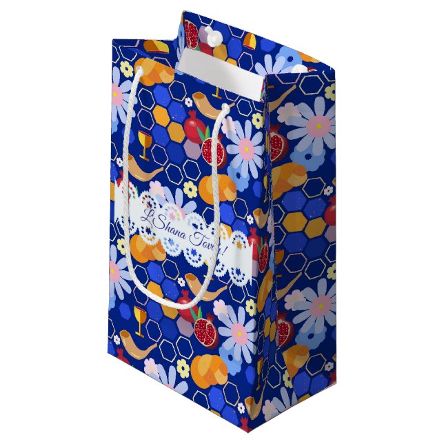 Happy Rosh Hashanah Jewish New Year Floral Pattern Small Gift Bag (Front Angled)
