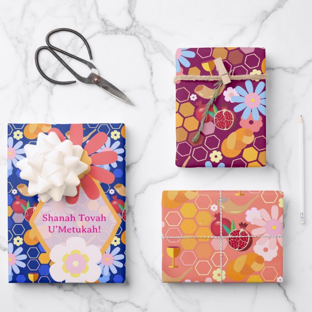 Happy Rosh Hashanah Jewish New Year Floral Pattern Wrapping Paper Sheets (Front)