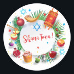 Happy Rosh Hashanah Jewish New Year Honey & Apple Classic Round Sticker<br><div class="desc">Happy Rosh Hashanah Jewish New Year Holiday symbols. Torah,  Honey and apple,  shofar,  pomegranate,  star of David,  gold honeycomb background,  Rosh hashana,  traditional fruits,  floral frame,  vintage,  autumn,  sukkot. Judaica. Hand Drawn Watercolor. Crafts & Party Supplies > Gift Wrapping Supplies > Stickers & Labels,  seasonal.</div>