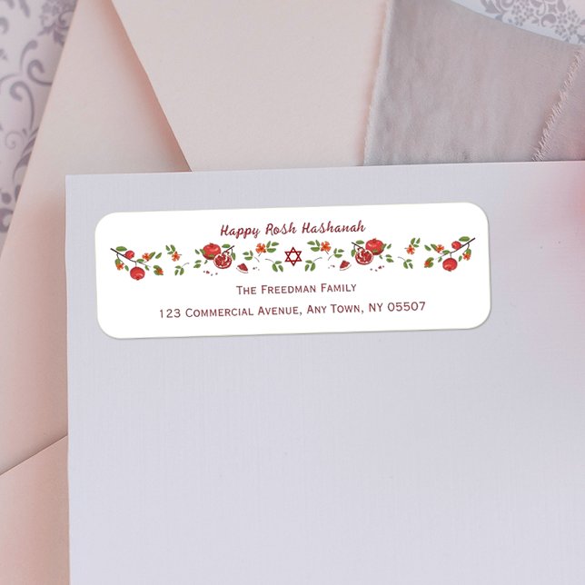 Happy Rosh Hashanah Jewish New Year Pomegranates Label (Personalized return address label for the Jewish New Year,  Rosh Hashanah, featuring pomegranates.)