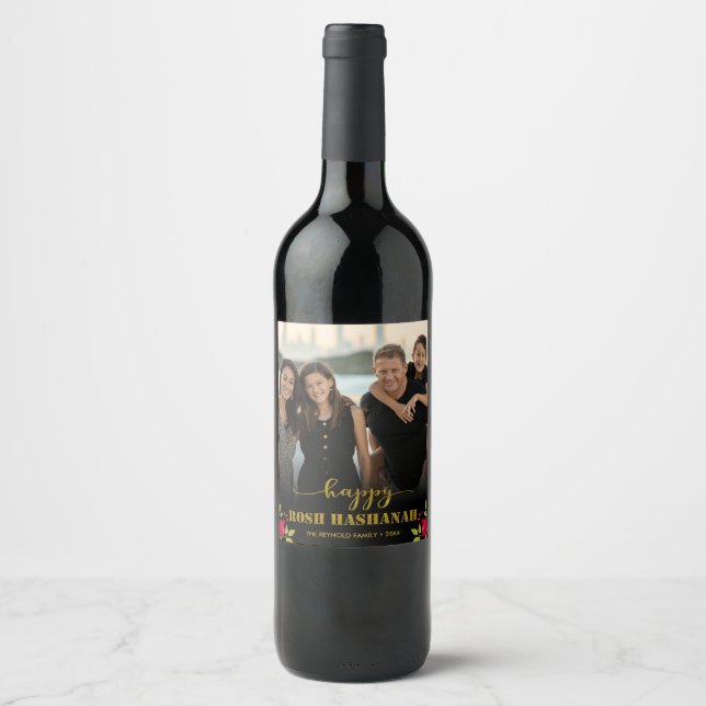 Happy Rosh Hashanah Luxury Gold Script Photo Wine Label (Front)