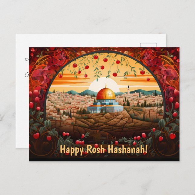 Happy Rosh Hashanah with Dome of Rock & apples Postcard (Front/Back)