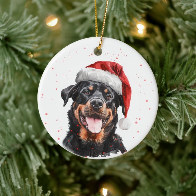 Happy Rottweiler Dog Christmas Personalized Ceramic Ornament (Tree)