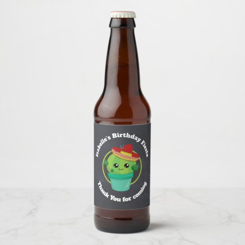 Happy Round Cactus Wearing a Red Sombrero Beer Bottle Label