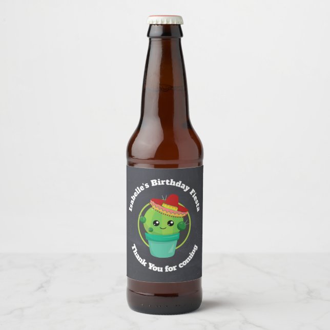 Happy Round Cactus Wearing a Red Sombrero Beer Bottle Label (Front)
