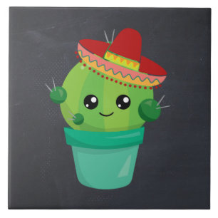 Happy Round Cactus Wearing a Red Sombrero Ceramic Tile