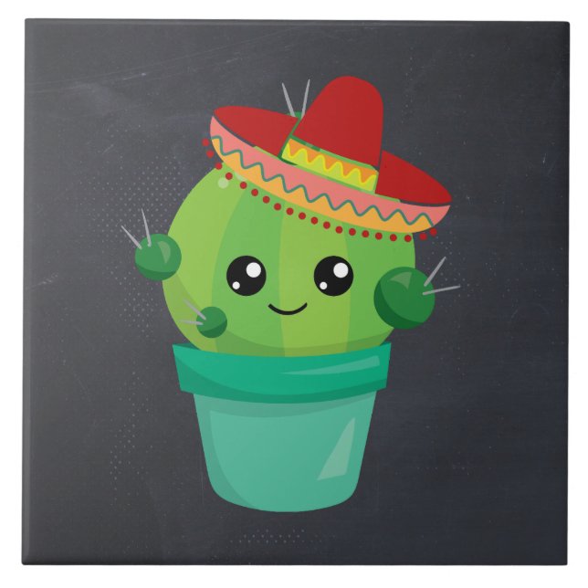 Happy Round Cactus Wearing a Red Sombrero Ceramic Tile (Front)