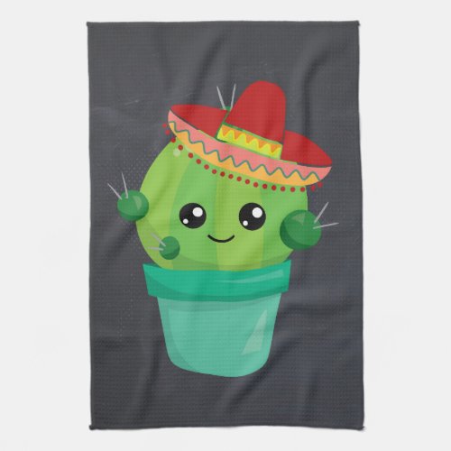 Happy Round Cactus Wearing a Red Sombrero Kitchen Towel