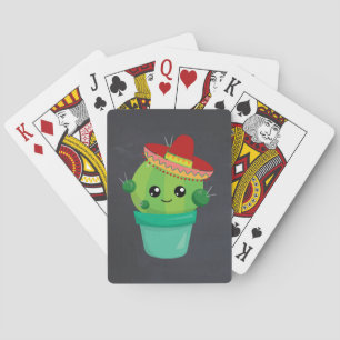 Happy Round Cactus Wearing a Red Sombrero Poker Cards