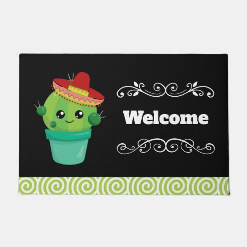 Happy Round Cactus Wearing a Red Sombrero Welcome Doormat