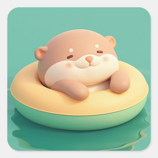 Happy Round Clay Otter in Swimming Ring Square Sticker (Front)
