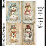 Happy Rustic Snowmen, Hat, Scarf DQ8 Decoupage Tissue Paper<br><div class="desc">This Christmas tissue paper features four cheerful snowmen, each decked out in cozy scarves and top hats. Set against distressed wooden backgrounds in soft winter tones, each snowman is adorned with festive touches like holly sprigs, plaid accessories, and subtle snowflakes. These snowmen bring a nostalgic, homespun charm ideal for holiday...</div>
