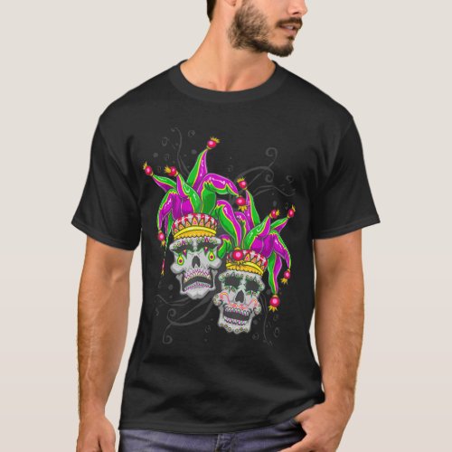 Happy Sad Jester Skulls Mardi Gras Voo Doo T Shirt