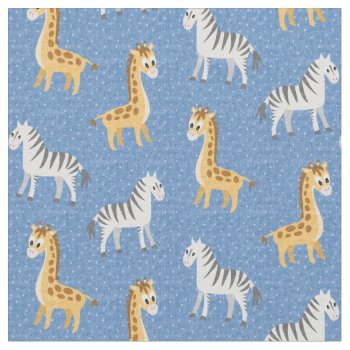 Happy Safari Zebras And Giraffes Baby Blue Fabric by DoodleDeDoo at Zazzle