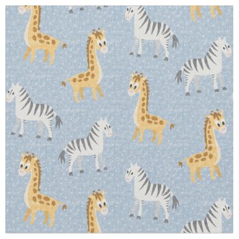Happy Safari Zebras And Giraffes Light Blue Fabric by DoodleDeDoo at Zazzle
