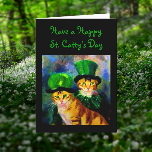 Happy Saint Cattys Day Festive Cats in Green Hats Holiday Card