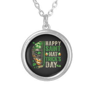 Happy Saint Hat Trick Ice Hockey Player Silver Plated Necklace