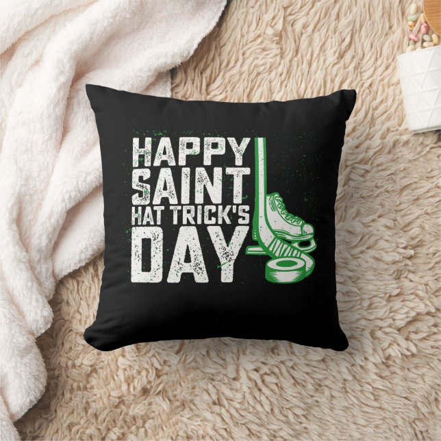 Happy Saint Hat Trick's Day Ice Hockey St Patricks Throw Pillow (Blanket)