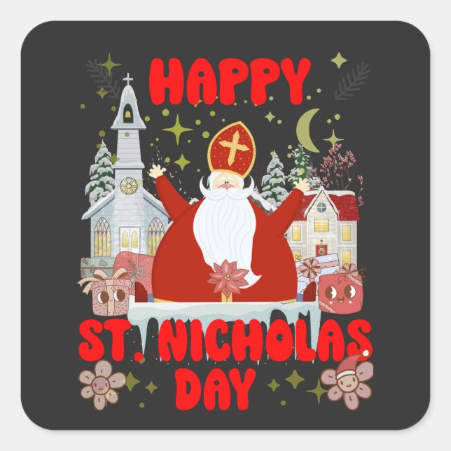 Happy Saint Nicholas Day retro winter Hollydays Square Sticker (Front)
