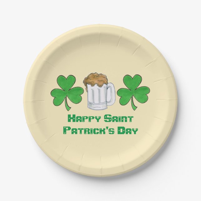 Happy Saint Patrick's Day Beer Green Shamrock Paper Plates (Front)
