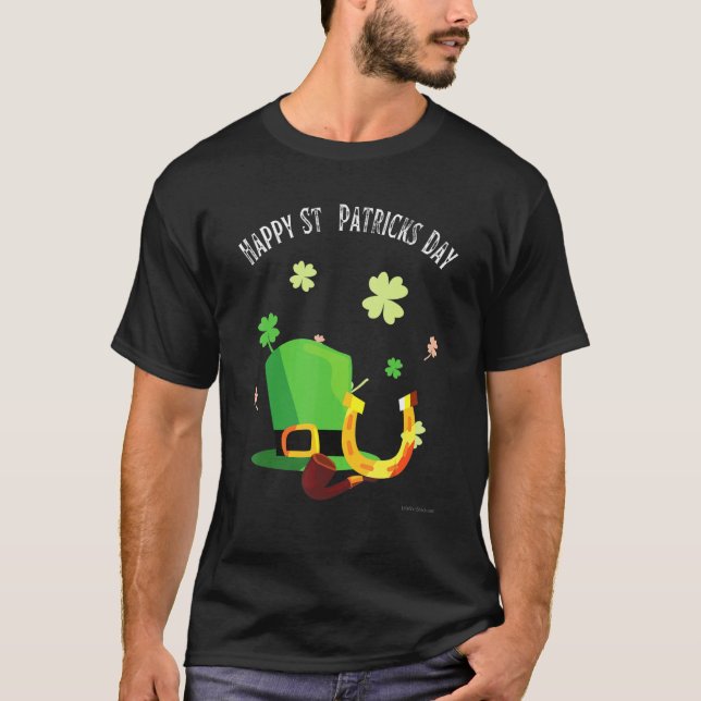 Happy Saint Patricks Day Green hat horseshoe pipe T-Shirt (Front)