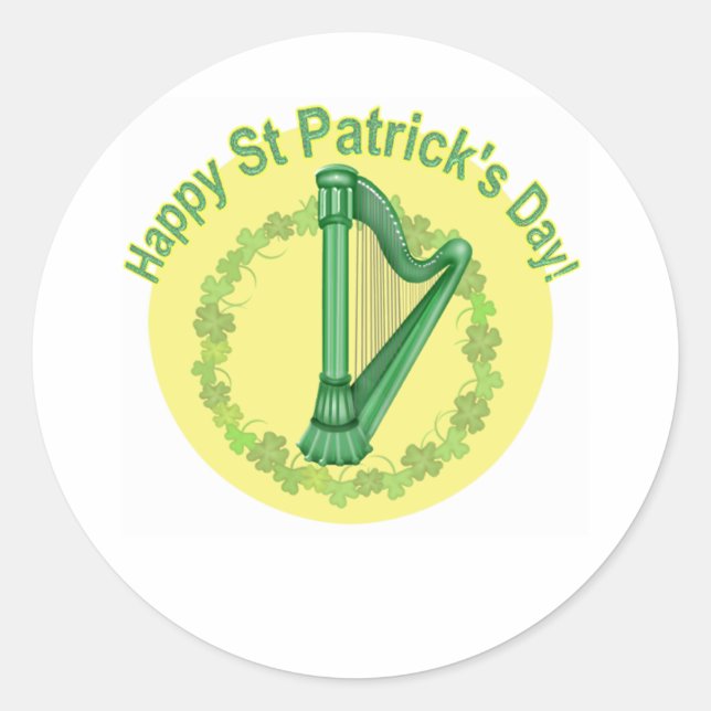 Happy Saint Patrick's Day Harp and Wreath Classic Round Sticker (Front)