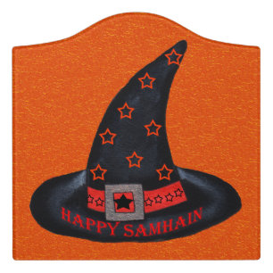 Happy Samhain Black Witch Hat Open Stars Orange Door Sign