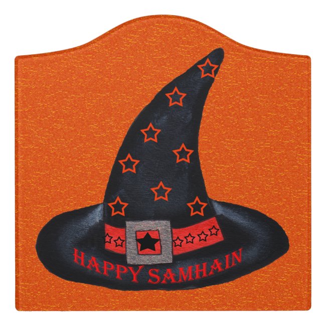 Happy Samhain Black Witch Hat Open Stars Orange