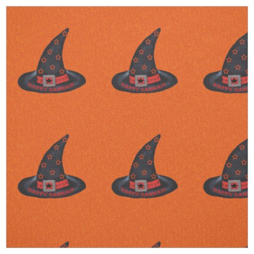 Happy Samhain Black Witch Hat Silver Buckle Orange Fabric