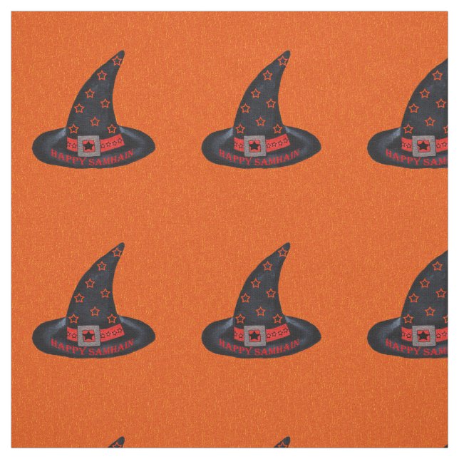 Happy Samhain Black Witch Hat Silver Buckle Orange Fabric (Swatch)