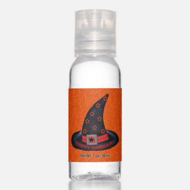 Happy Samhain Black Witch Hat Stars Orange Hand Sanitizer (Front)