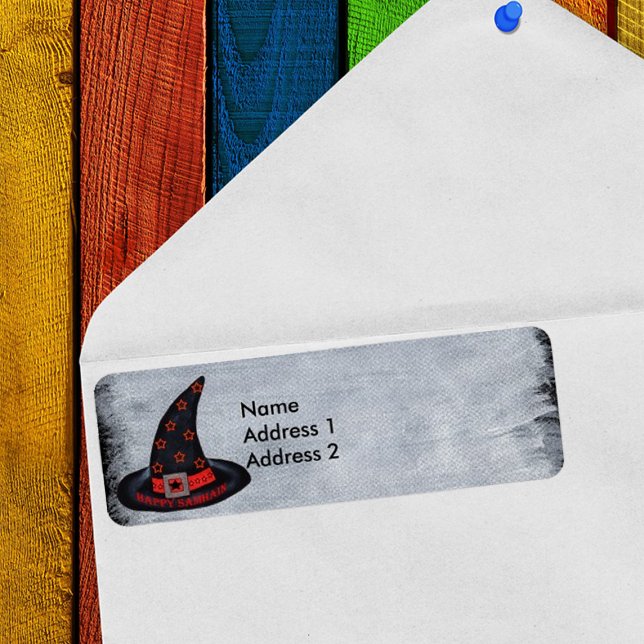 Happy Samhain Witch Hat Stars Label (Happy Samhain Witch black hat orange stars on faux painted white & black return address labels.)