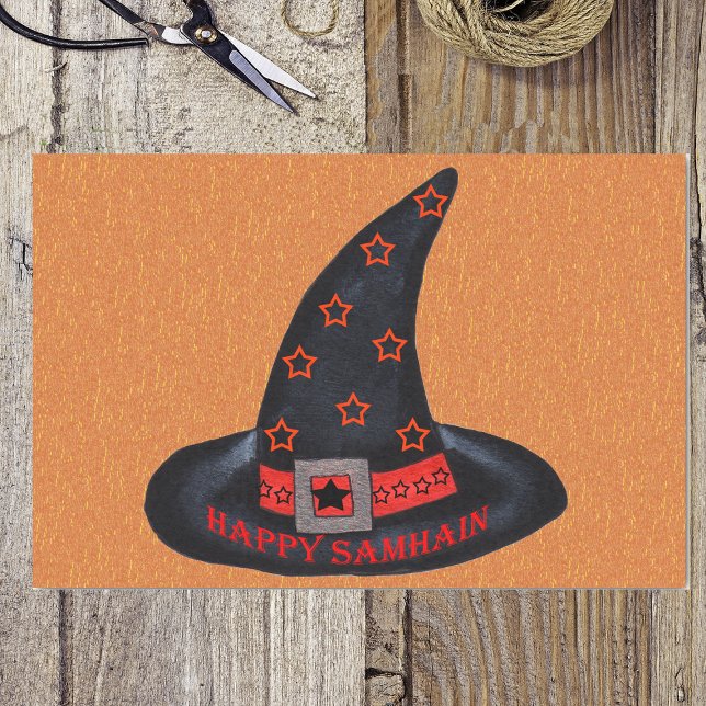 Happy Samhain Witch Hat Stars Magic Wiccan Tissue Paper (Black witch hat orange stars silver buckle on Happy Samhain orange tissue wrap paper.)