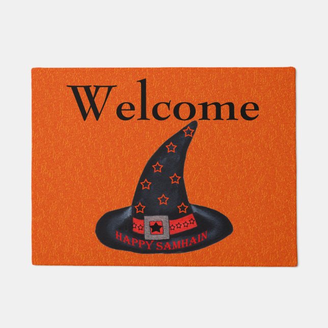 Happy Samhain Witch Hat Stars Magic Wiccan Welcome Doormat (Front)