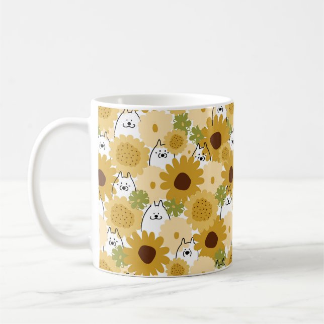 Happy samoyed dog in sunflower garden dog mom coffee mug (Left)