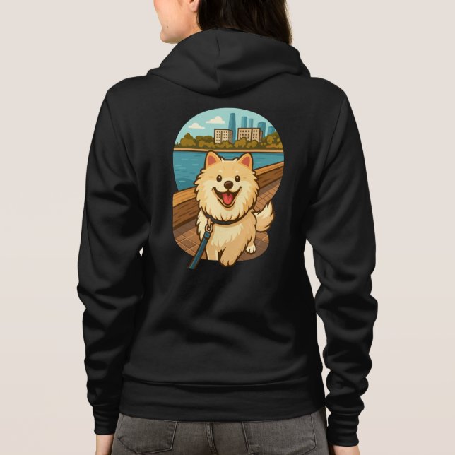 Happy Samoyed Walk by the City Waterfront Hoodie (Back)